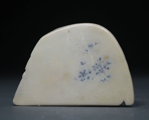 A view of the back of dendritic Soapstone Owl #24 by Clarence P. Cameron of Madison, Wisconsin