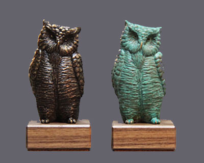 Small deatiled Bronze Owl on Wooden Base