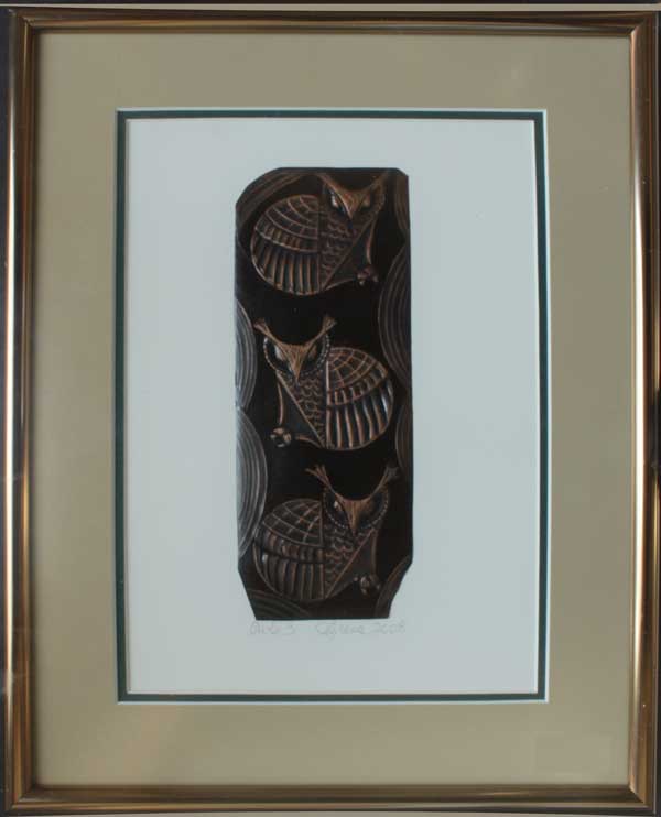 A larger image of Owls 3, a framed copper piece by Clarence P. Cameron of Madison, Wisconsin