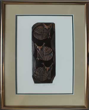 Owls 3, a framed copper piece by Clarence P. Cameron of Madison, Wisconsin