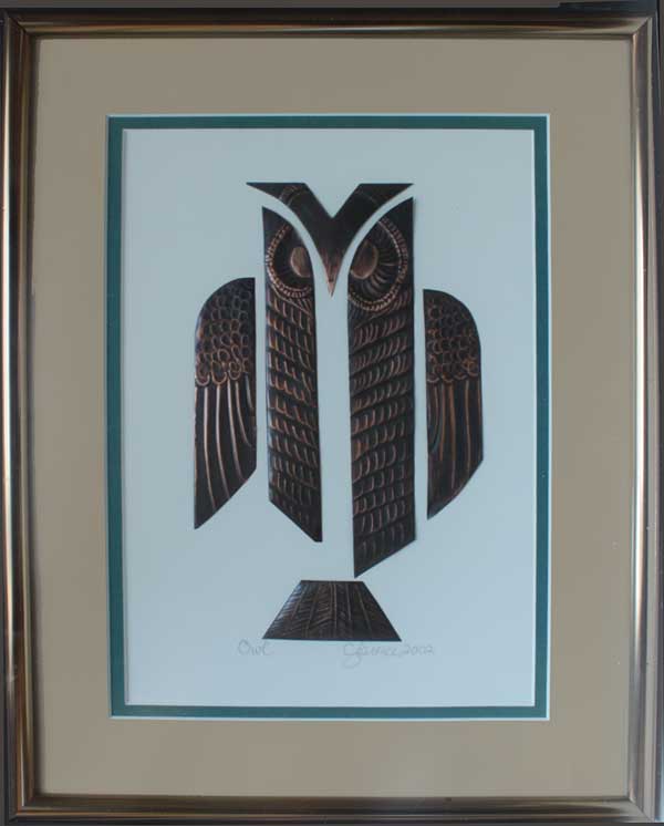 A larger image of Owl-L-2, a framed copper piece by Clarence P. Cameron of Madison, Wisconsin