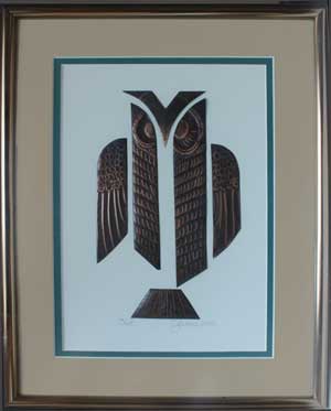 Owl, a framed copper piece by Clarence P. Cameron of Madison, Wisconsin