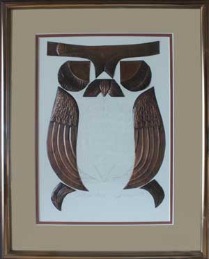 Owl Be There, a framed copper piece by Clarence P. Cameron of Madison, Wisconsin