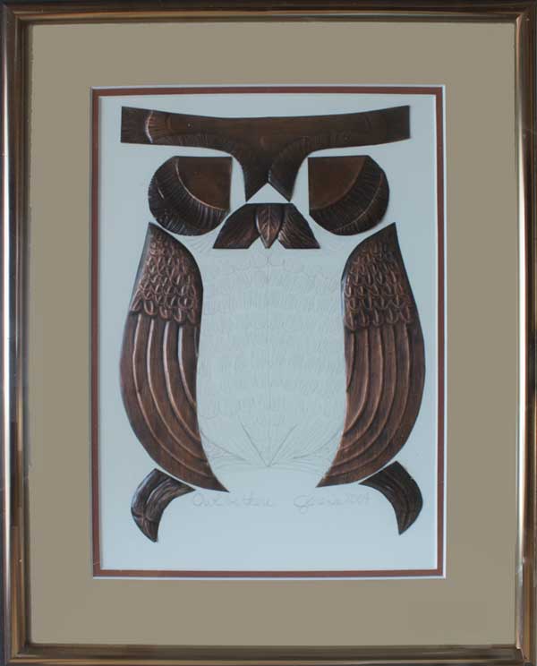 A larger image of Owl Be There, a framed copper piece by Clarence P. Cameron of Madison, Wisconsin