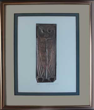Owl-M-10, a framed copper piece by Clarence P. Cameron of Madison, Wisconsin