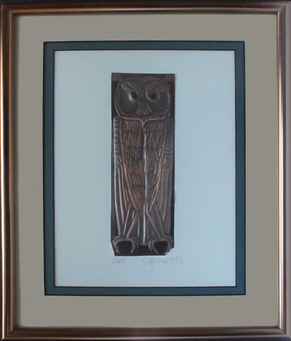 A larger image of Owl-M-10, a framed copper piece by Clarence P. Cameron of Madison, Wisconsin