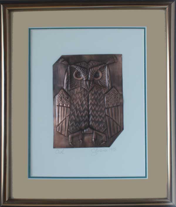 A larger image of Owl-M-5, a framed copper piece by Clarence P. Cameron of Madison, Wisconsin