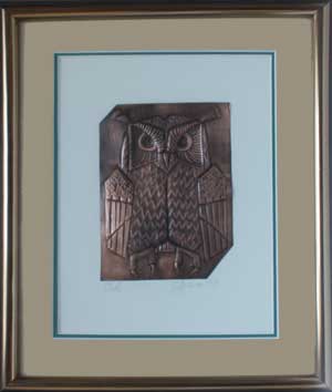 Owl-M-5, a framed copper piece by Clarence P. Cameron of Madison, Wisconsin