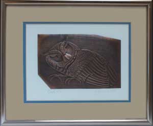 Owl 4711, a framed copper piece by Clarence P. Cameron of Madison, Wisconsin