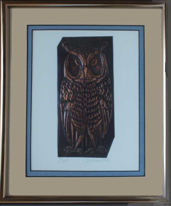 A larger image of Owl-M-7, a framed copper piece by Clarence P. Cameron of Madison, Wisconsin