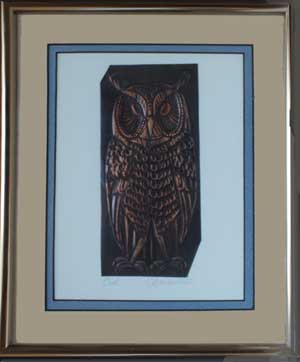 Owl-M-7, a framed copper piece by Clarence P. Cameron of Madison, Wisconsin
