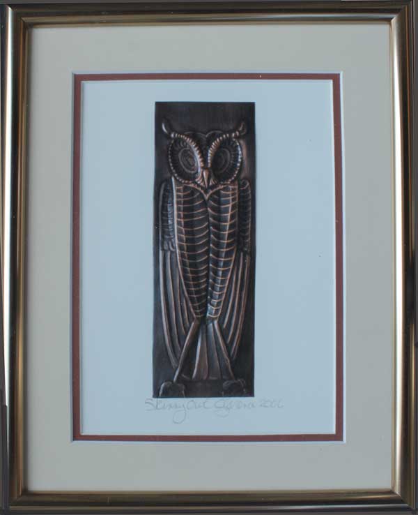 Skinny Owl, a framed copper piece by Clarence P. Cameron of Madison, Wisconsin