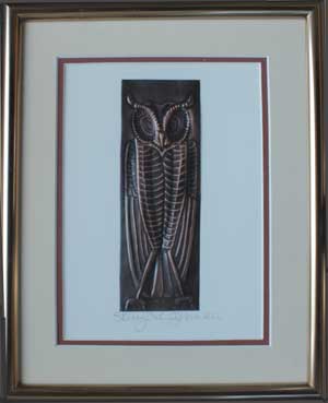 Skinny Owl, a framed copper piece by Clarence P. Cameron of Madison, Wisconsin