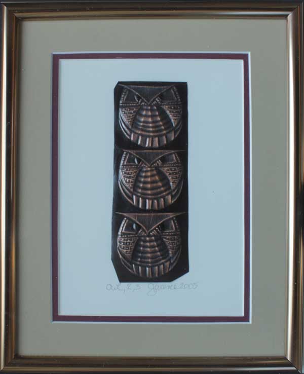 Owl, 2, 3, a framed copper piece by Clarence P. Cameron of Madison, Wisconsin