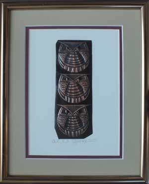 Owl, 2, 3, a framed copper piece by Clarence P. Cameron of Madison, Wisconsin