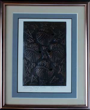 Starry Night Owls, a framed copper piece by Clarence P. Cameron of Madison, Wisconsin