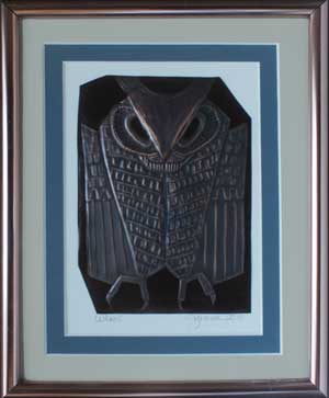 Whoo!, a framed copper piece by Clarence P. Cameron of Madison, Wisconsin