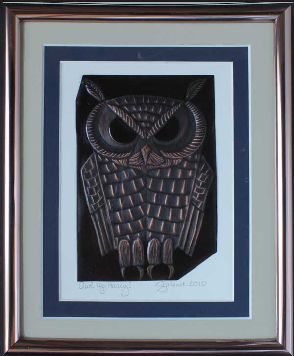 Owl Up, Harry!, a framed copper piece by Clarence P. Cameron of Madison, Wisconsin