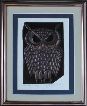 Owl Up, Harry!, a framed copper piece by Clarence P. Cameron of Madison, Wisconsin