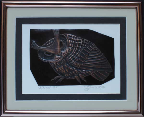 Athena's Pet, a framed copper piece by Clarence P. Cameron of Madison, Wisconsin