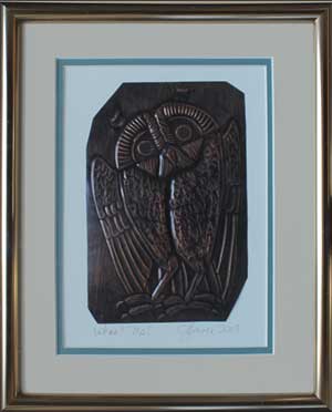 Whoo? Me?, a framed copper piece by Clarence P. Cameron of Madison, Wisconsin