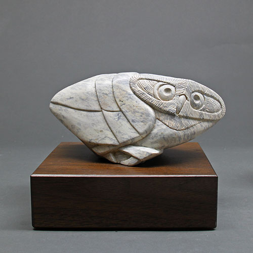 A frontal view of Soapstone Owl #26F by Clarence P. Cameron.